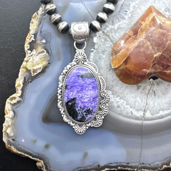 Sterling Southwestern Style Large Oval Charoite Decorated Pendant For Women - Picture 2 of 10